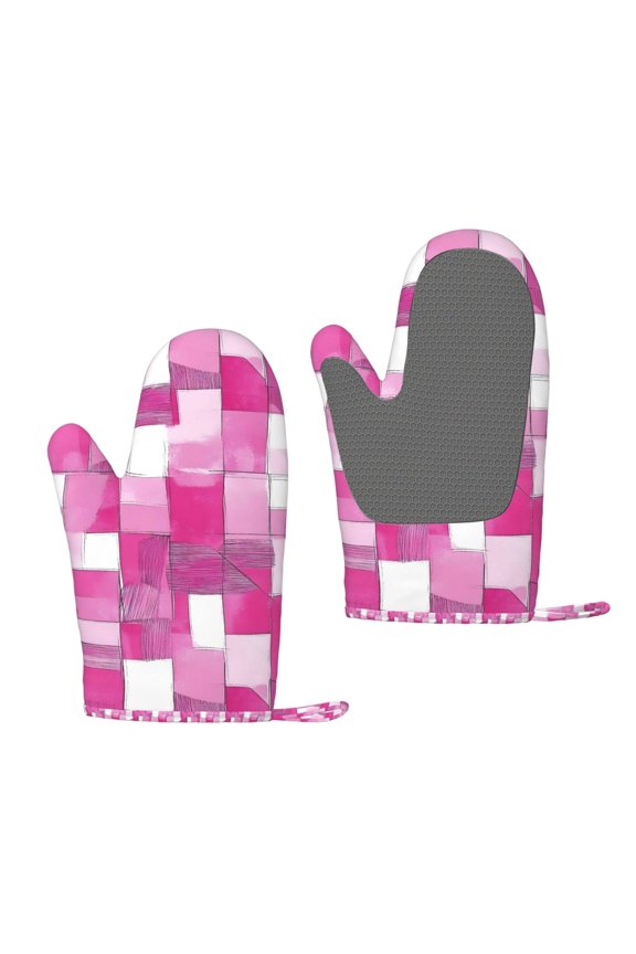 A Pair Of Heat Insulation And Anti-Perm Gloves 711in Thick Anti-Perm Palm With Silicone Piece Lanyard Design Is Easy To Hang Pink Abstract Houndstooth Hand-Drawn Sketch_2