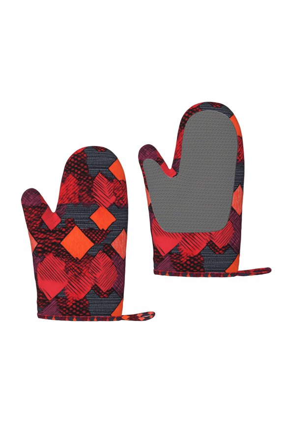 A Pair Of Heat Insulation And Anti-Perm Gloves 711in Thick Anti-Perm Palm With Silicone Piece Lanyard Design Is Easy To Hang Red Colorful Houndstooth Hand-Drawn Sketch_2