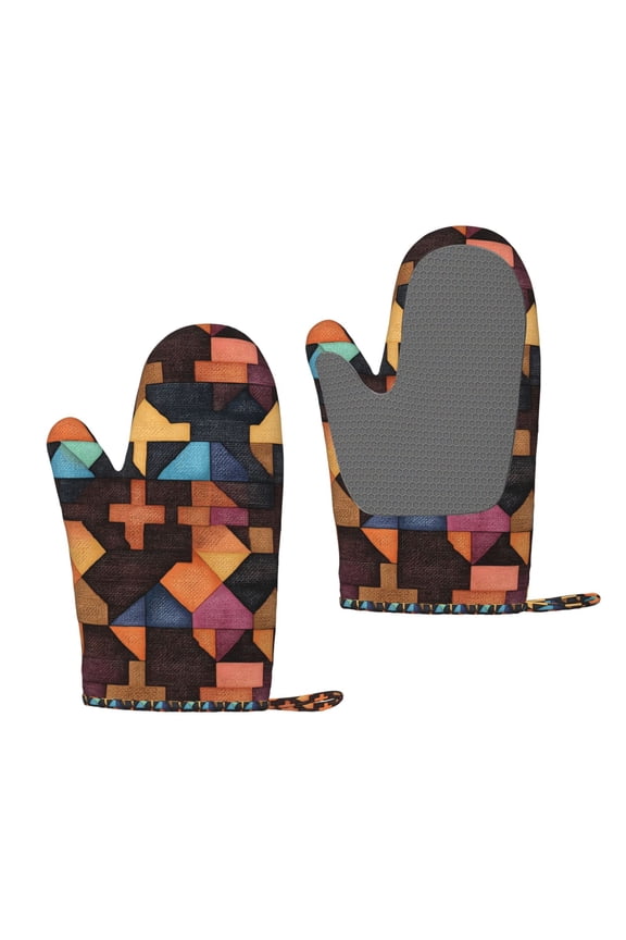 A Pair Of Heat Insulation And Anti-Perm Gloves 711in Thick Anti-Perm Palm With Silicone Piece Lanyard Design Is Easy To Hang Saddlebrown Colorful Houndstooth Hand-Drawn Sketch_1