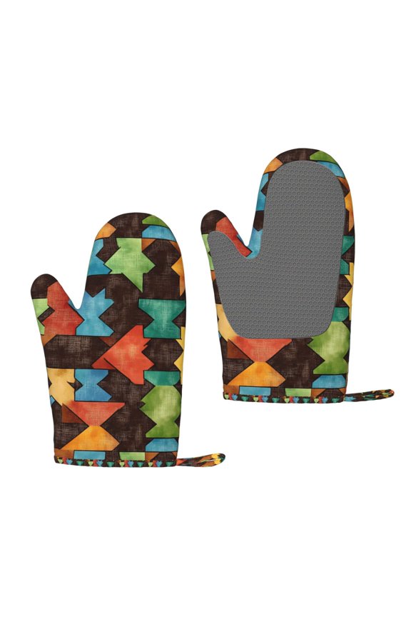 A Pair Of Heat Insulation And Anti-Perm Gloves 711in Thick Anti-Perm Palm With Silicone Piece Lanyard Design Is Easy To Hang Saddlebrown Colorful Houndstooth Hand-Drawn Sketch_3