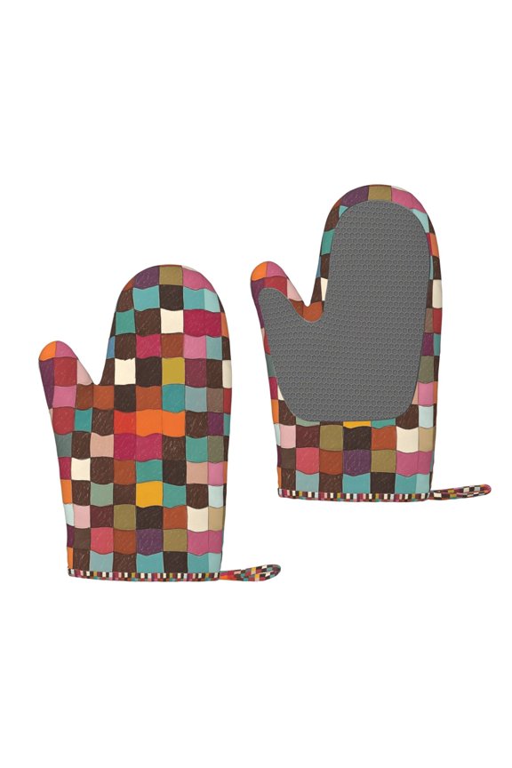 A Pair Of Heat Insulation And Anti-Perm Gloves 711in Thick Anti-Perm Palm With Silicone Piece Lanyard Design Is Easy To Hang Saddlebrown Colorful Houndstooth Hand-Drawn Sketch_4