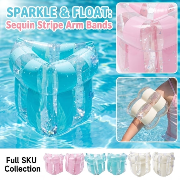 Pair of Inflatable Sequin Stripe Swim Arm Floaties, Double Air Chamber Waterproof PVC Floating Arm Sleeves, Adjustable 12–24 Inch Buoyancy Arm Bands for Pool Beach Adult Swimming,A