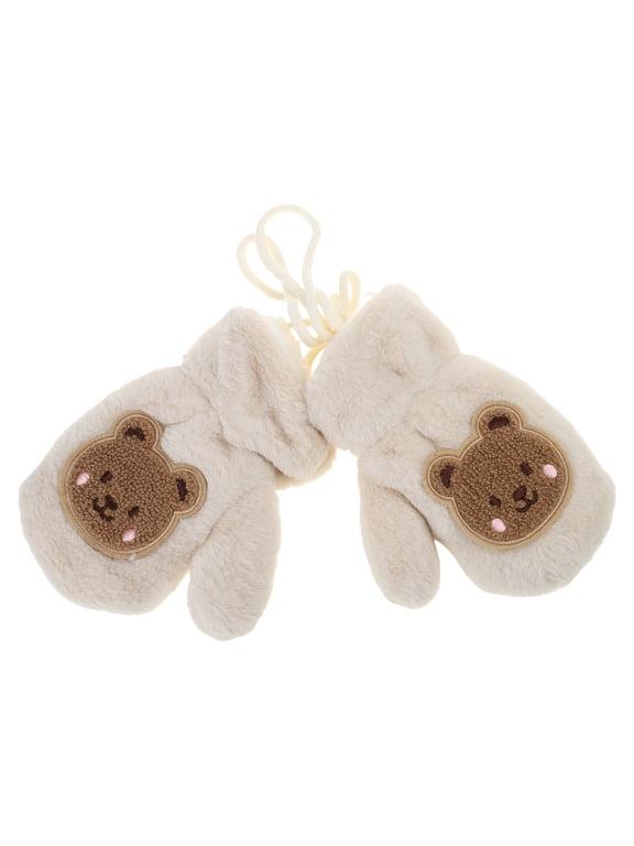 Pair Kids Cartoon Winter Mittens with String Hand Warmer Thicken Plush Warm Full Finger Gloves for