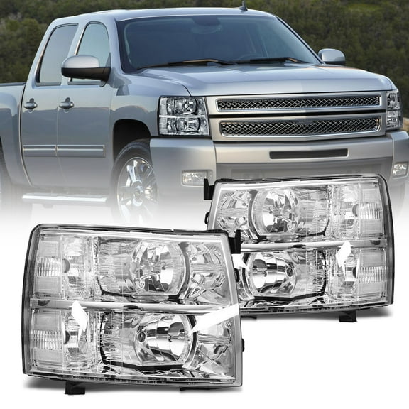 Pair LED DRL Headlights Compatible with 07-13 Chevy Silverado 1500 07-14 Silverado 2500 3500 HD, Chrome/Clear