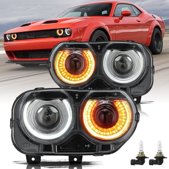 Pair LED Headlights Halogen Head lamps Projector for 2015-2023 Dodge Challenger