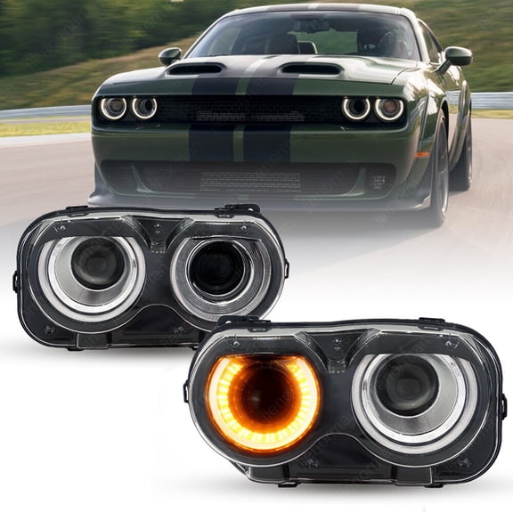 Pair LED Headlights Halogen Head lamps Projector for 2015-2023 Dodge Challenger