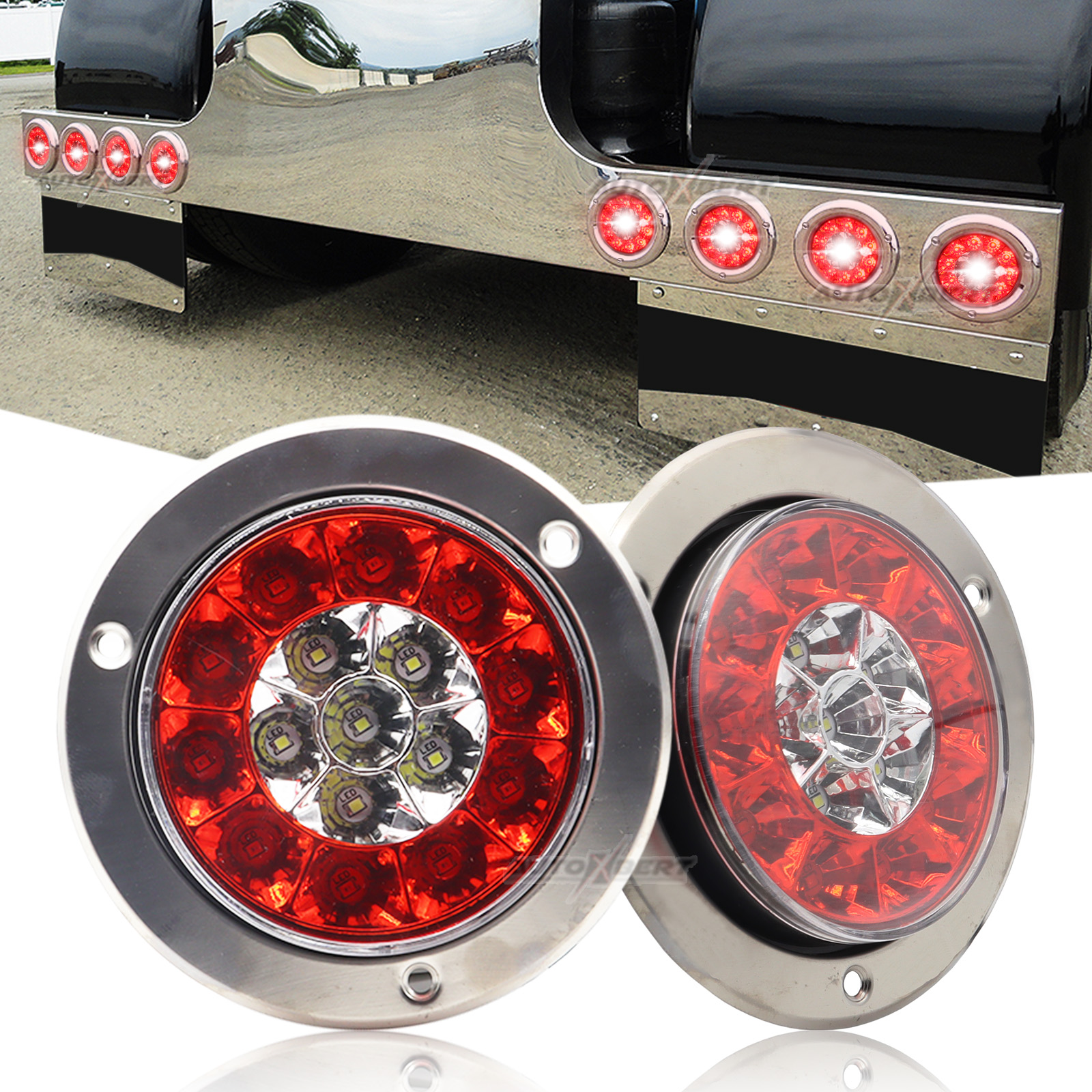 AUTOXBERT 2PCS Round LED Trailer Tail Light Rear Brake Light Chrome Steel for Truck Camper Caravan