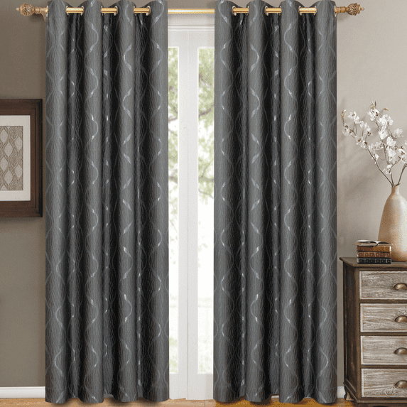 Pair Laguna Jacquard Grommet Top Window Curtain Panels Swirl Patterned ( Set of 2) - 104x63 - Steel