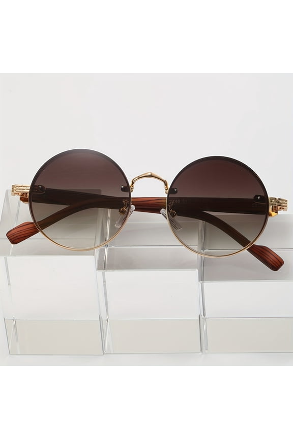 A Pair of Men'S Round Retro-Style Glasses with Metal Frames And Faux Wood Grain Legs, Perfect for Casual Decoration, Vintage Style, Full Rim Frame, Decorative Lenses, Ideal for Everyday Use,