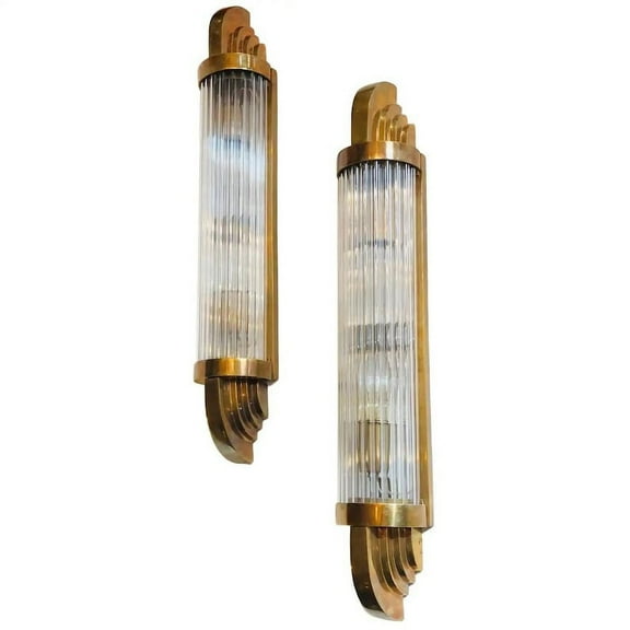 Pair Of Antique Old Vintage Skyscraper Art Deco Brass & Glass Rod Wall Sconces Light Lamp