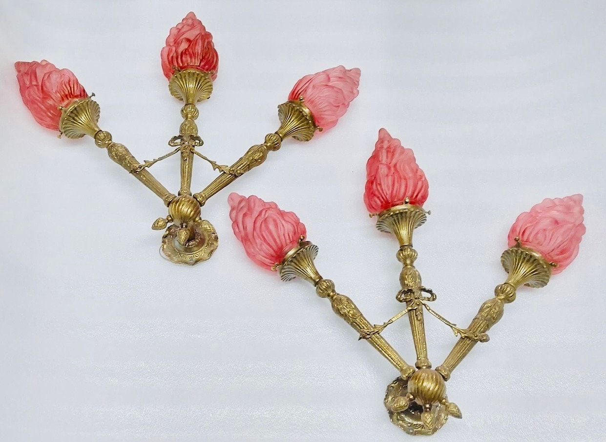 Pair Of Antique Vintage Art Deco Nouveau Brass & Red Glass Shades (Mashaal) Light Wall Sconces Lamp Fixture