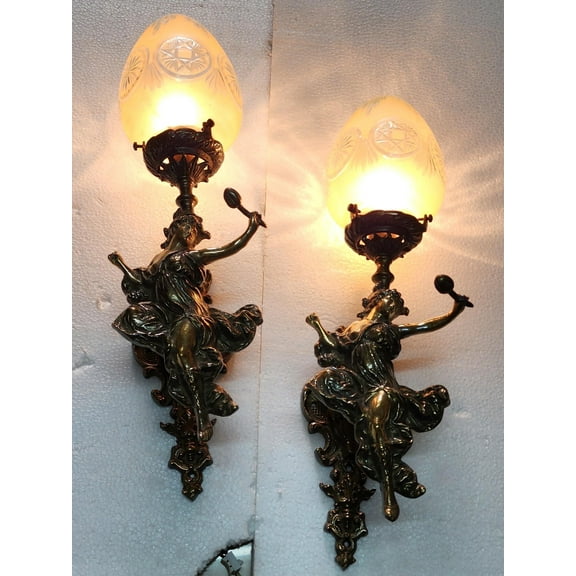 Pair Of Antique Vintage Art Nouveau deco Brass meramid glass Wall Sconces Lamp Fixture Light
