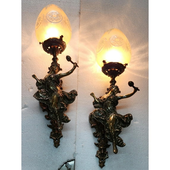 Pair Of Antique Vintage Art Nouveau deco Brass meramid glass Wall Sconces Lamp Fixture Light
