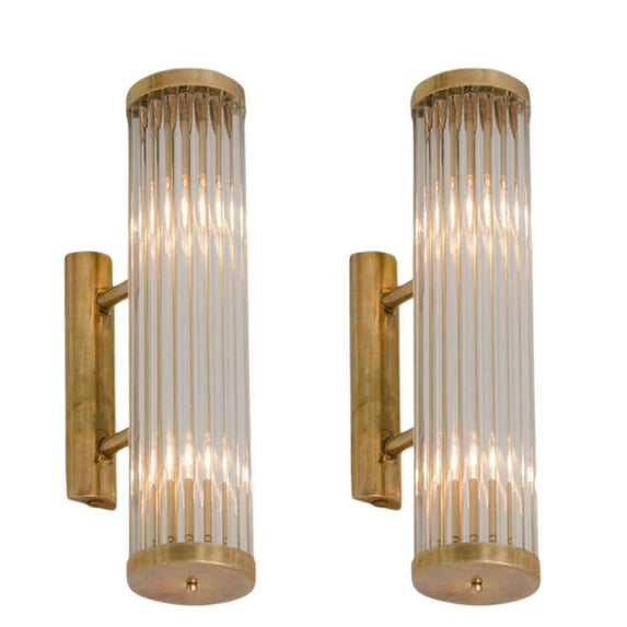 Pair Of Antique Vintage Elegant Art Deco Brass & Glass Rod Wall Sconces Light Lamp