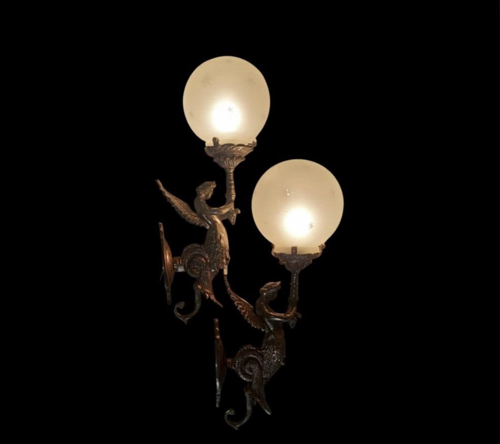 Pair Of Antique Vintage Old Art Nouveau Brass Mermaid Wall Sconces Fixture Light Lamp