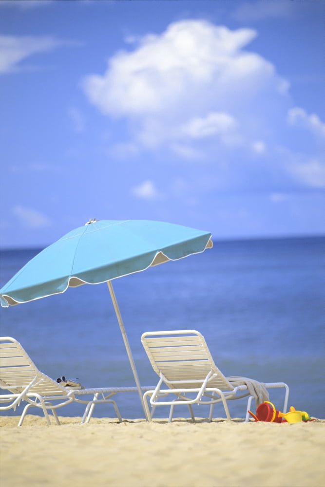 Pair Of Beach Chairs And An Umbrella On White Sand Beach With Blue Skies And Water Canvas Art - Dana Edmunds Design Pics (24 x 38)