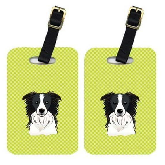 Pair Of Checkerboard Lime Green Border Collie Luggage Tags