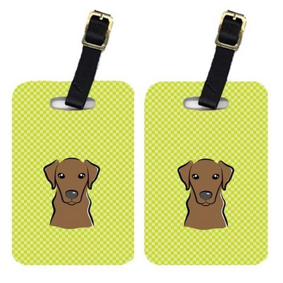 Pair Of Checkerboard Lime Green Chocolate Labrador Luggage Tags