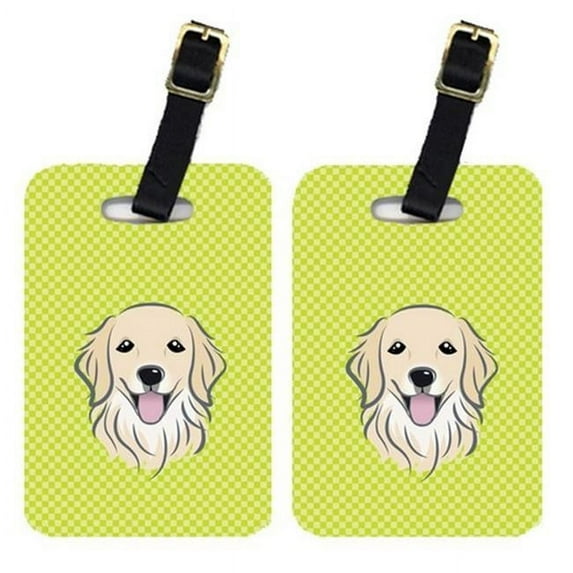 Pair Of Checkerboard Lime Green Golden Retriever Luggage Tags