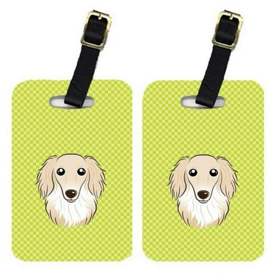 Pair Of Checkerboard Lime Green Longhair Creme Dachshund Luggage Tags