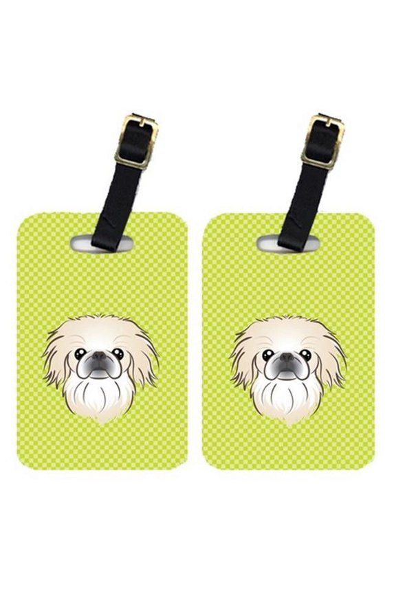Pair Of Checkerboard Lime Green Pekingese Luggage Tags