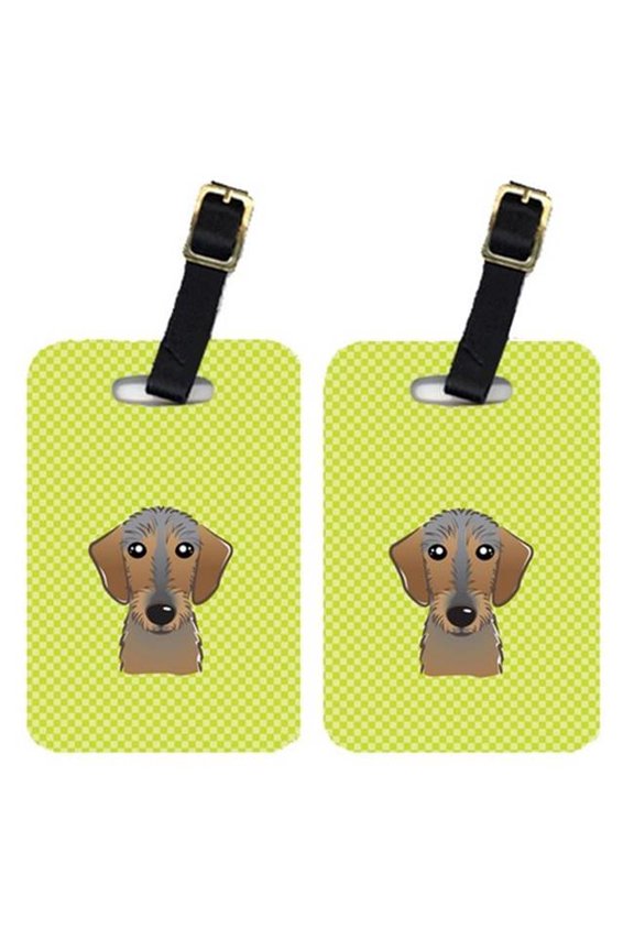 Pair Of Checkerboard Lime Green Wirehaired Dachshund Luggage Tags