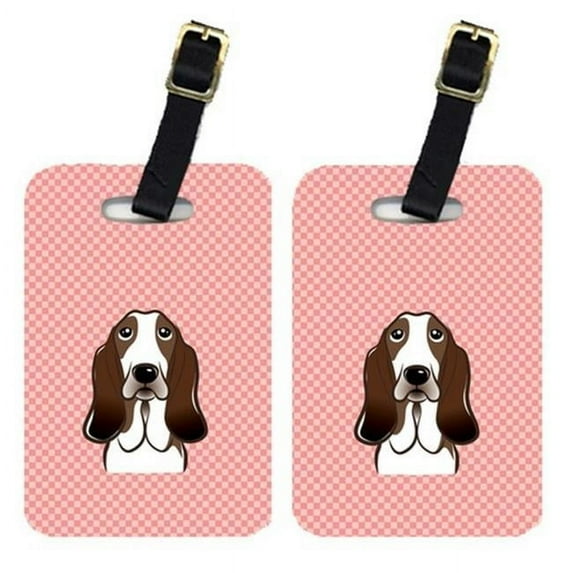 Pair Of Checkerboard Pink Basset Hound Luggage Tags