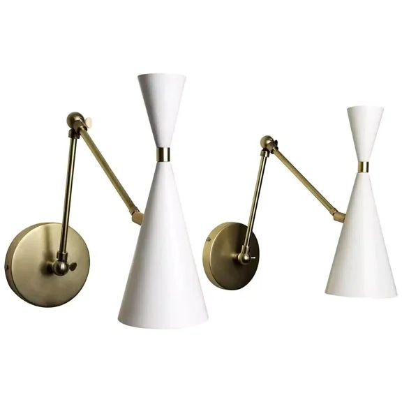 Pair Of Monolith Italian Style Reading Lamp Brass & White Enamel Wall Lamp Fix