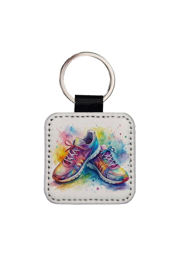 Pair Of Running Shoes Watercolor Faux Leather Square Keychain