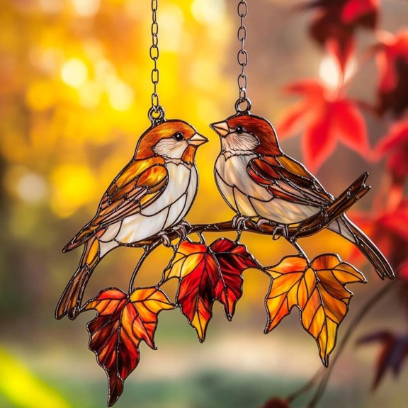 Pair Of Sparrows Acrylic Window Hanging Fall Leaves Faux Stained Glass Suncatcher Gift For Bird Lovers