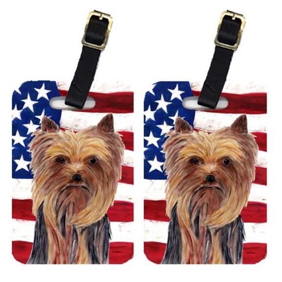 Pair Of USA American Flag With Yorkie Luggage Tags