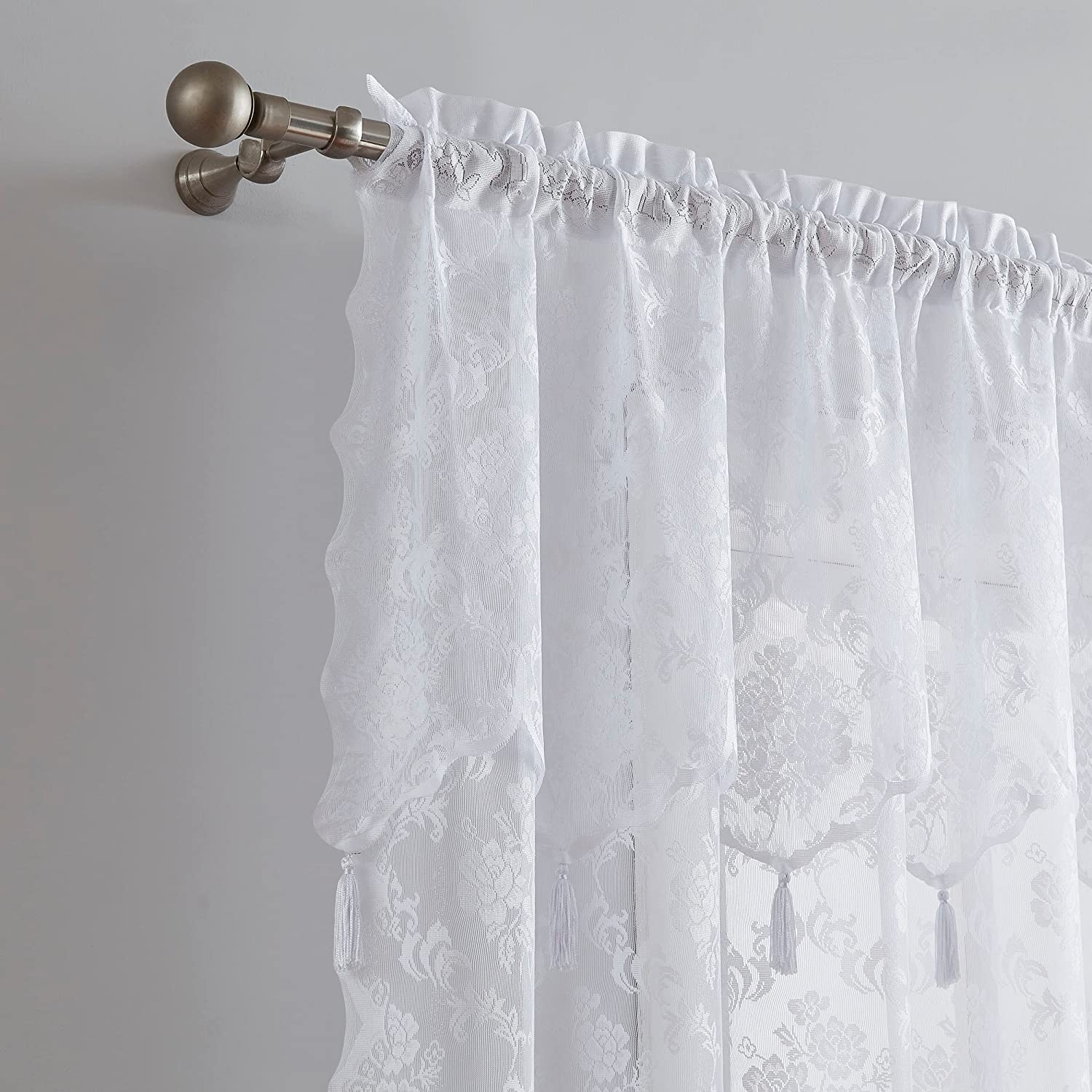 Pair Of White Lace Curtains With Attached Valance And 6 Tassels Per