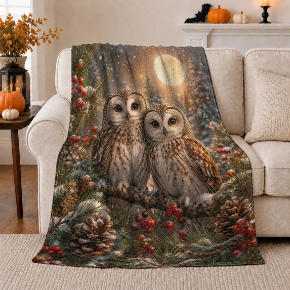 Pair of Owls in Winter Pines, Warm Rustic Woodland Style for Owl Lovers, Berry Branch Forest Scene and Christmas Gift, Soft Flannel Blanket for Cabin and Living Room, Nature Home Decor