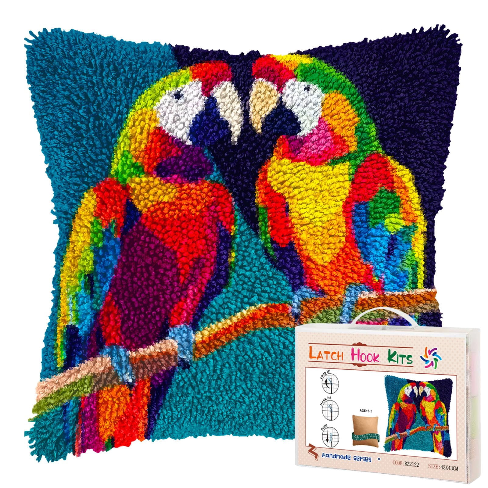 A Pair of Parrot DIY Latch Hook Pillow Kits for Adults Printed Pillowcase Crochet Yarns Hooking Handmade Pillow Cover Cushion for Home Sofa Decoration 17x17inch