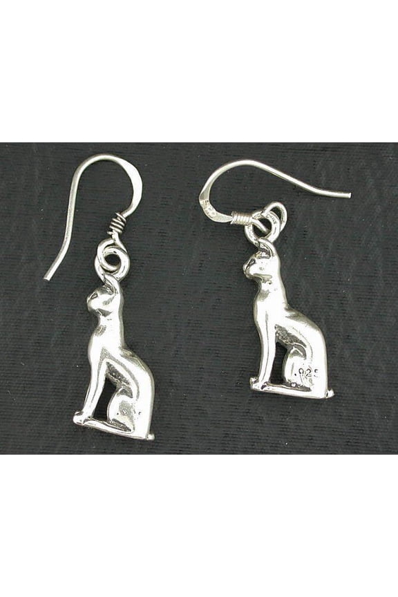 Pair Pussy Cat Casted Dangle Earwire Earrings .925 Pure Sterling Silver EBS3528