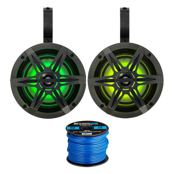 Pair (QTY 2) of Enrock 6.5" 120 Watt Peak Power 2-Way Marine Audio Charcoal Boat Speakers with MultiColor RGB LED Lighting, 2x 6.5" Black Unloaded Speaker Pods, 50ft Wire