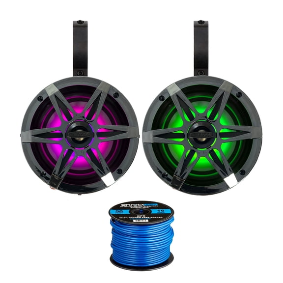 Pair (QTY 2) of Enrock 6.5" 120 Watt Peak Power 2-Way Marine Audio Chrome Boat Speakers with MultiColor RGB LED Lighting, 2x 6.5" Black Unloaded Speaker Pods, 50ft Wire