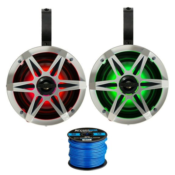 Pair (QTY 2) of Enrock 6.5" 120 Watt Peak Power 2-Way Marine Audio White Boat Speakers with MultiColor RGB LED Lighting, 2x 6.5" Black Unloaded Speaker Pods, 50ft Wire