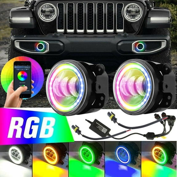 Pair RGB 4" Round LED Fog Lights Driving Lamps for Jeep Wrangler JK TJ LJ
