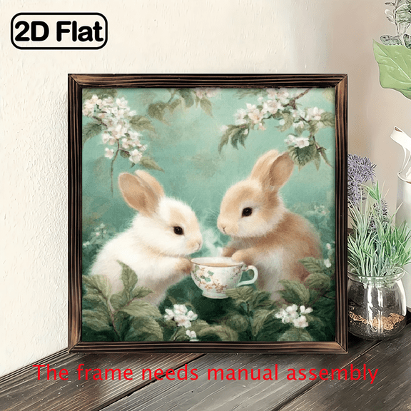Pair of Rabbit Frame Wooden Wall Art, Home Decor, Farmhouse Mural for Bedroom, Living Room, Bathroom Decoration, Housewarming Gift, Easter Ornament, 8 X 8 Inch Picture Frame with Hooks Wall Sig