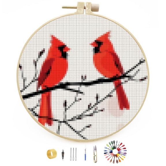 A Pair of Red Cardinal on Berry Tree Stamped Cross Stitch Kits for Beginners with Hoop Simple Patterns 11CT Counted Embroidery Needlepoint Crafts Arts for DIY Enthusiasts and Home Decor 26x26cm(4)