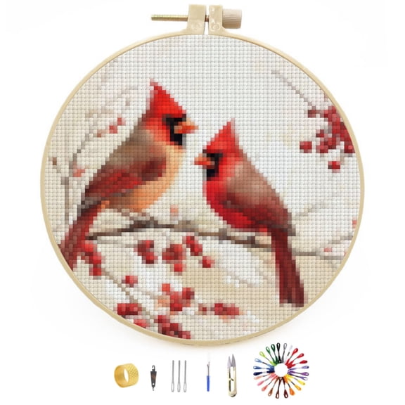 A Pair of Red Cardinal on Berry Tree Stamped Cross Stitch Kits for Beginners with Hoop Simple Patterns 11CT Counted Embroidery Needlepoint Crafts Arts for DIY Enthusiasts and Home Decor 26x26cm(2)