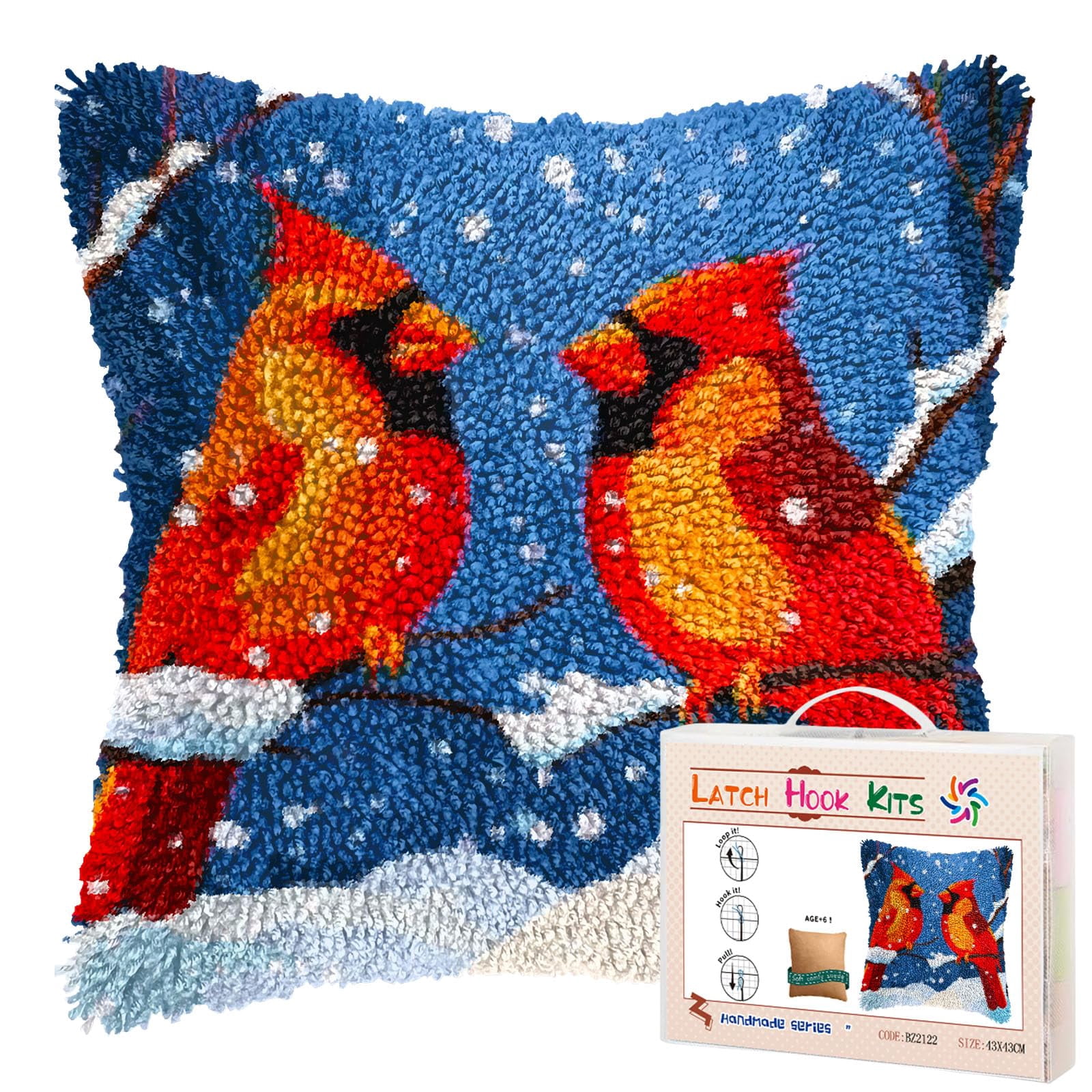 A Pair of Red Cardinal in Snow DIY Latch Hook Pillow Kits for Adults Printed Pillowcase Crochet Yarns Hooking Handmade Pillow Cover Cushion for Home Sofa Decoration 17x17inch
