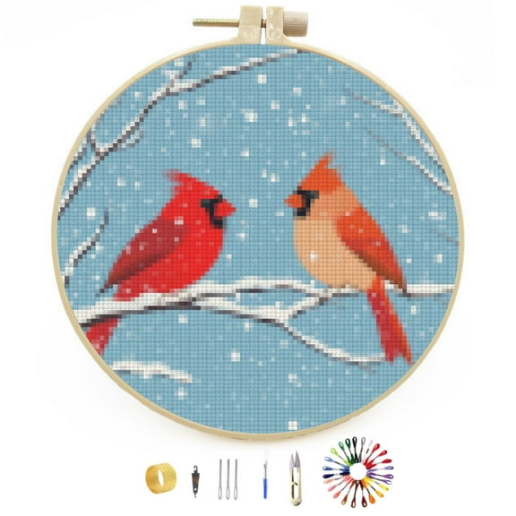 Pair of Red Cardinal on Snow Tree Branch DIY Stamped Cross Stitch Kits Easy for Beginners with Hoop 11CT Counted Embroidery Needlepoint Crafts Arts for Handmade Enthusiasts and Home Decor 30x30cm(7)