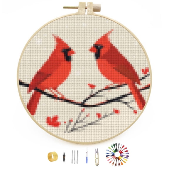 A Pair of Red Northern Cardinal Stamped Cross Stitch Kits for Beginners with Hoop Simple Patterns 11CT Counted Embroidery Needlepoint Crafts Arts for DIY Enthusiasts and Home Decor 26x26cm(1)
