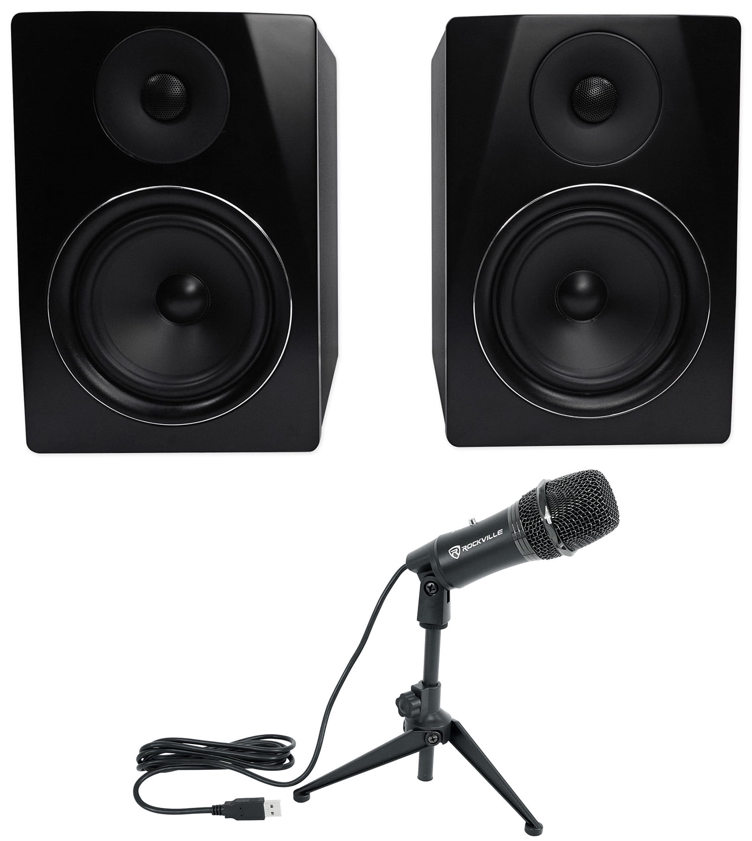 Pair Rockville APM6B 6.5" 350w Studio Monitors+USB Condenser Computer Microphone