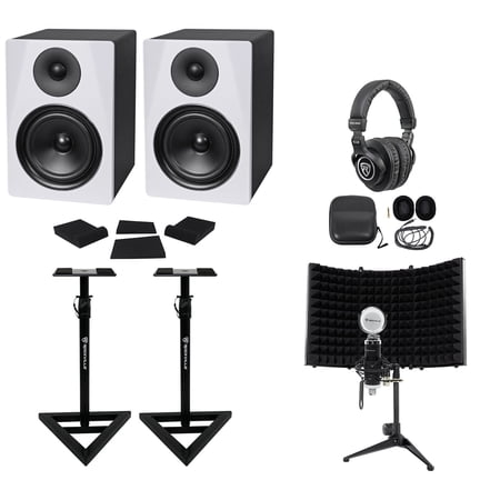 Rockville DPM6W Bundle: (2) 6.5 in 210-Watt White Powered Studio Monitors, RVSM1 Stands, RRS190S Pads, Headphones, Mic, RMF1 Shield, 7-items
