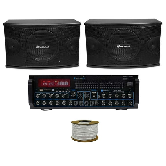 Pair Rockville KPS10 10" 3-Way 1200w Karaoke Speakers+Bluetooth Amplifier Mixer + Rockville R14GSBR100 Red/Blk 14 Gauge 100' Ft. Mini Spool Car Audio Speaker Wire