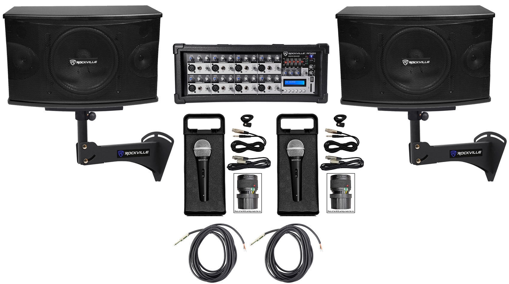 Pair Rockville KPS10 10" 3Way 1200w Karaoke Speakers+Mixer+Wall