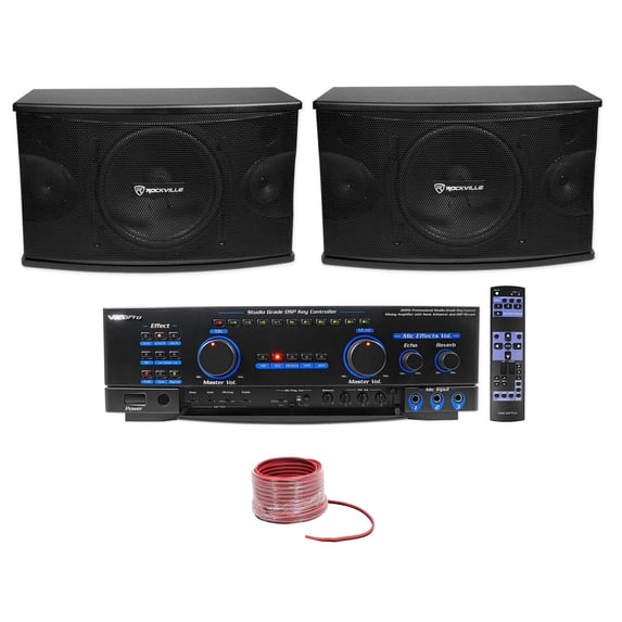 Pair Rockville KPS10 10" 3-Way 1200w Karaoke Speakers+Vocopro Amplifier Mixer + Rockville R14GSBR100 Red/Blk 14 Gauge 100' Ft. Mini Spool Car Audio Speaker Wire
